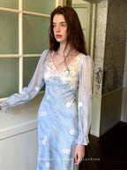Blue Lace Floral Sheer Maxi Dress