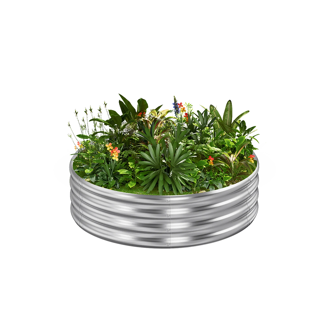 12-inch tall round galvanized metal raised garden bed, 2 feet in diameter