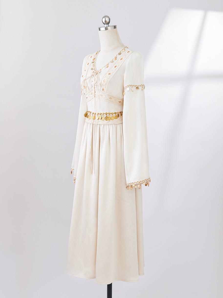 Golden Ethereal Lace-Up Flare Sleeve Chiffon Dress