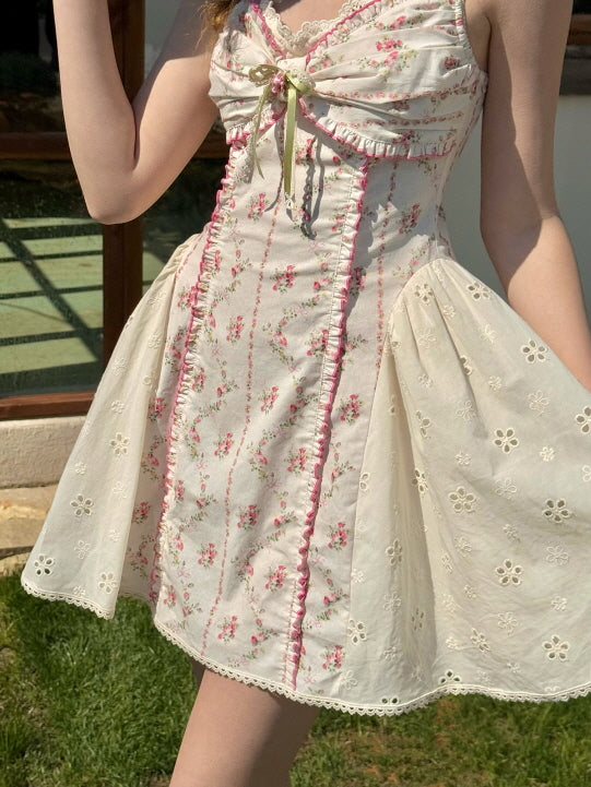 Coquette Blush Floral Lace Bow Dress