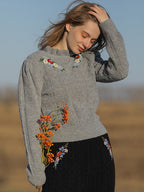 Soft Gray Floral Embroidered Sweater