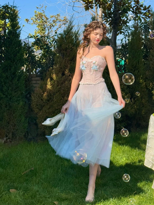 Pastel Bloom Embroidered Corset & Tulle Skirt