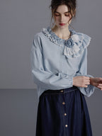 Blue Ruffled Linen-Blend Blouse