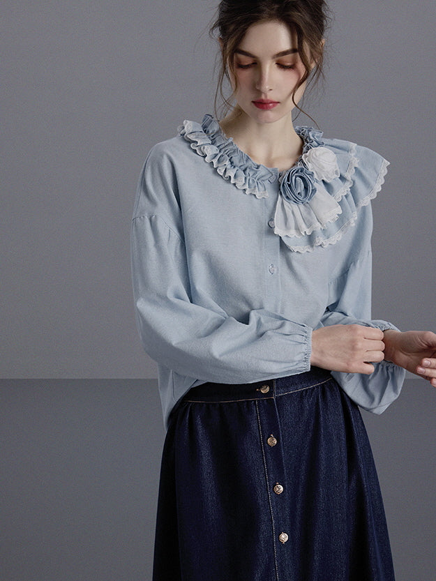 Blue Ruffled Linen-Blend Blouse