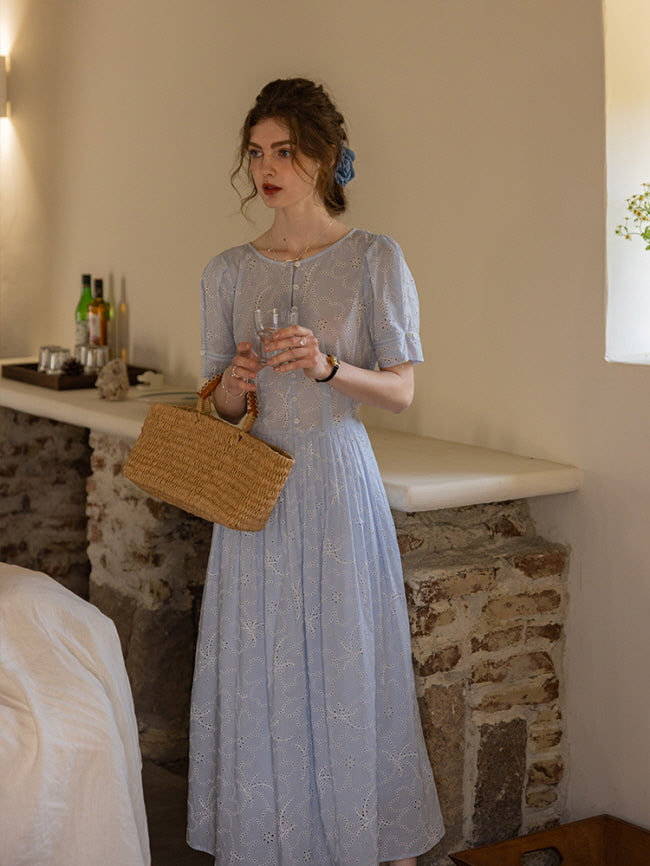 Soft Blue Eyelet Lace Cottagecore Dress