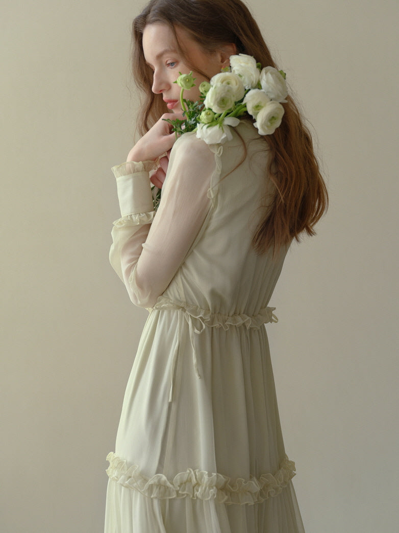 Soft Cream Ruffle Tiered Sheer Dress