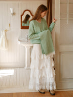 Pastel Lace-Trim Knit Sweater & Scarf