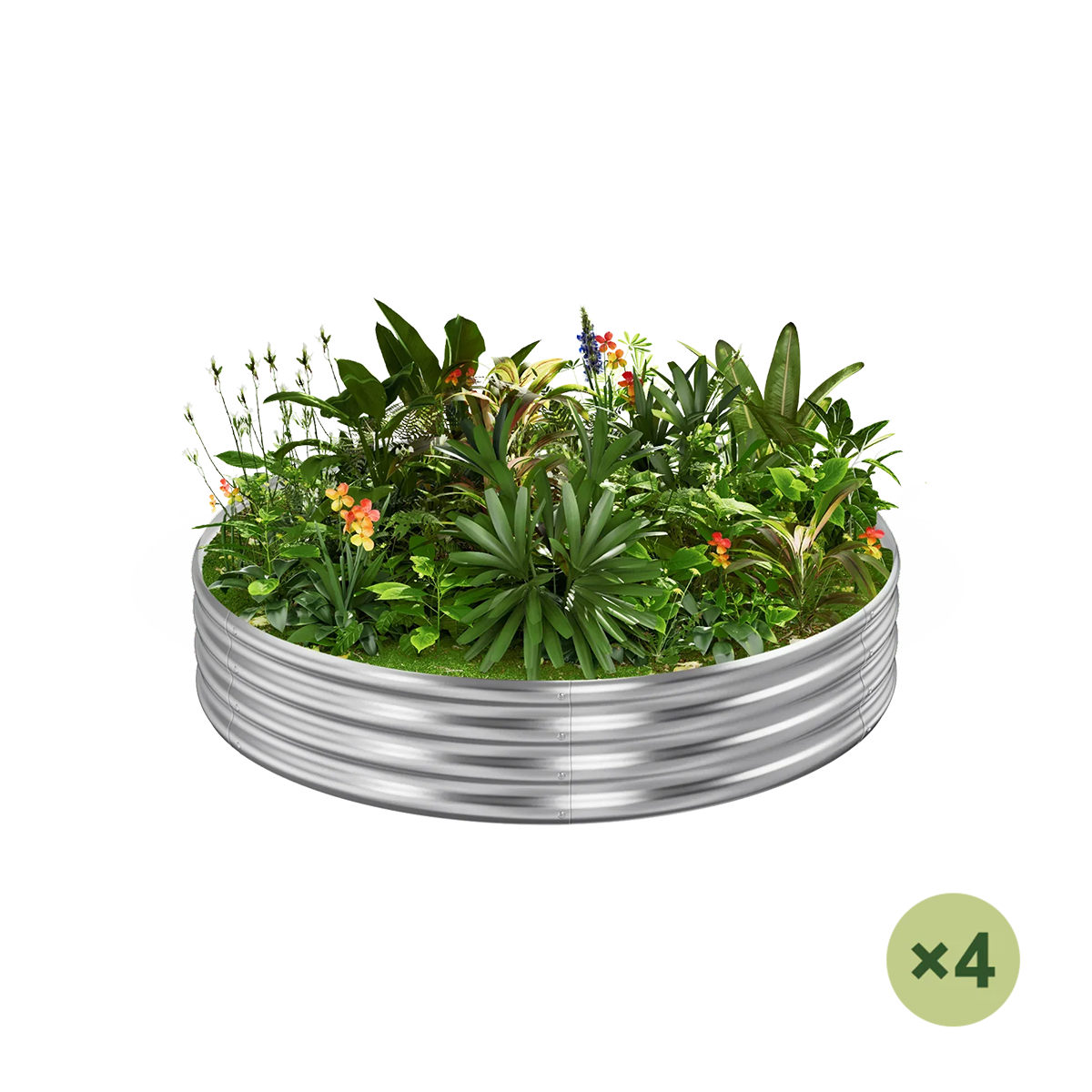 set of 4 — 12-inch tall round galvanized metal raised garden bed, 3 feet in diameter
