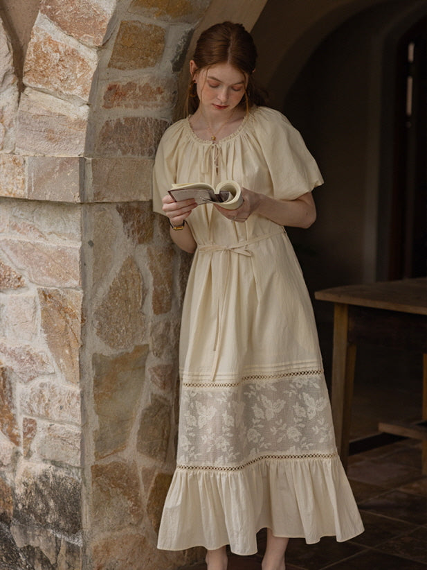 Ivory Cottagecore Lace Trim Dress
