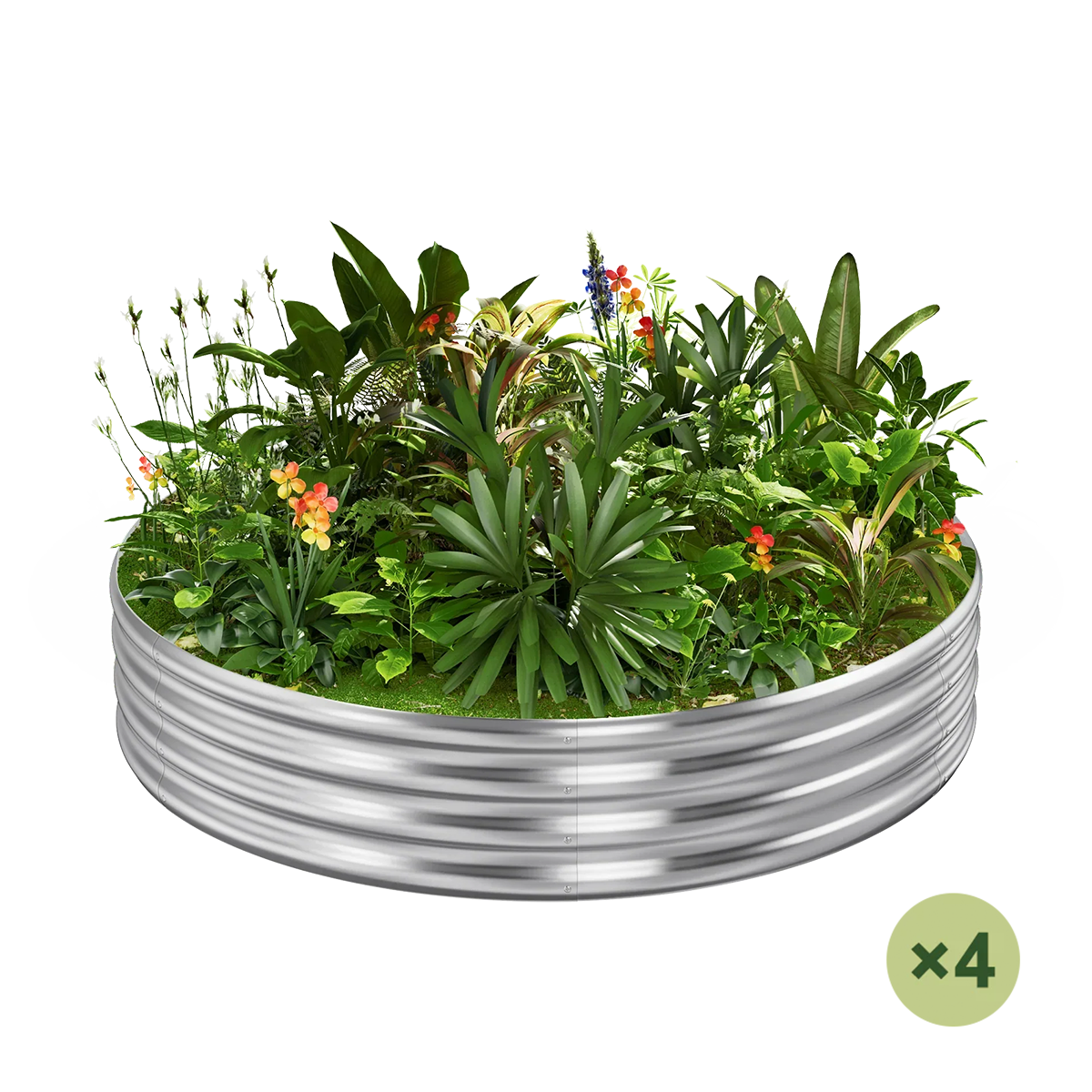 set of 4 — 12-inch tall round galvanized metal raised garden bed, 4 feet in diameter