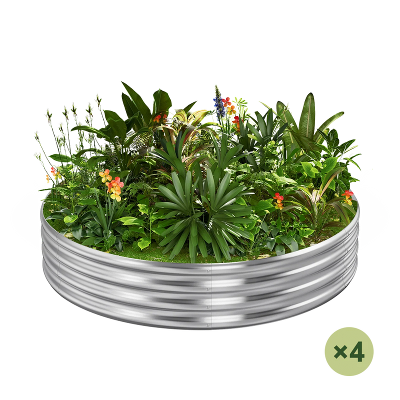 set of 4 — 12-inch tall round galvanized metal raised garden bed, 4 feet in diameter