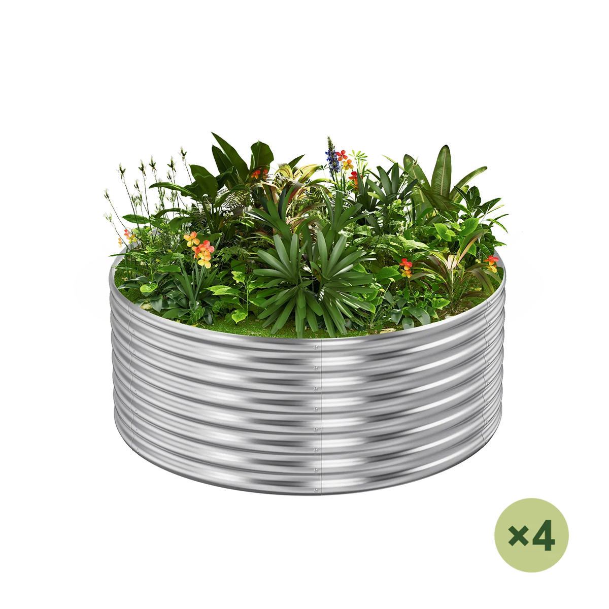 set of 4 — 24-inch tall round galvanized metal raised garden bed, 3 feet in diameter