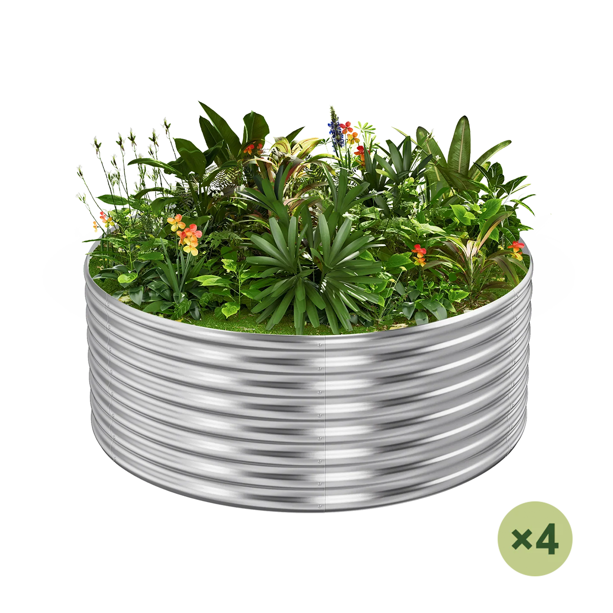 set of 4 — 24-inch tall round galvanized metal raised garden bed, 4 feet in diameter