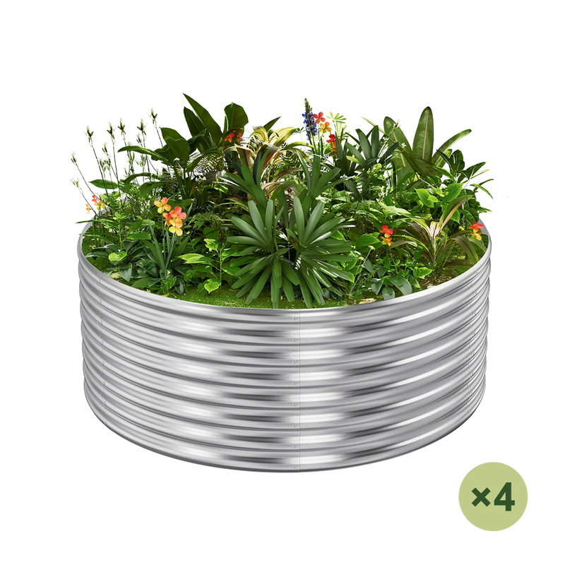 set of 4 — 24-inch tall round galvanized metal raised garden bed, 4 feet in diameter