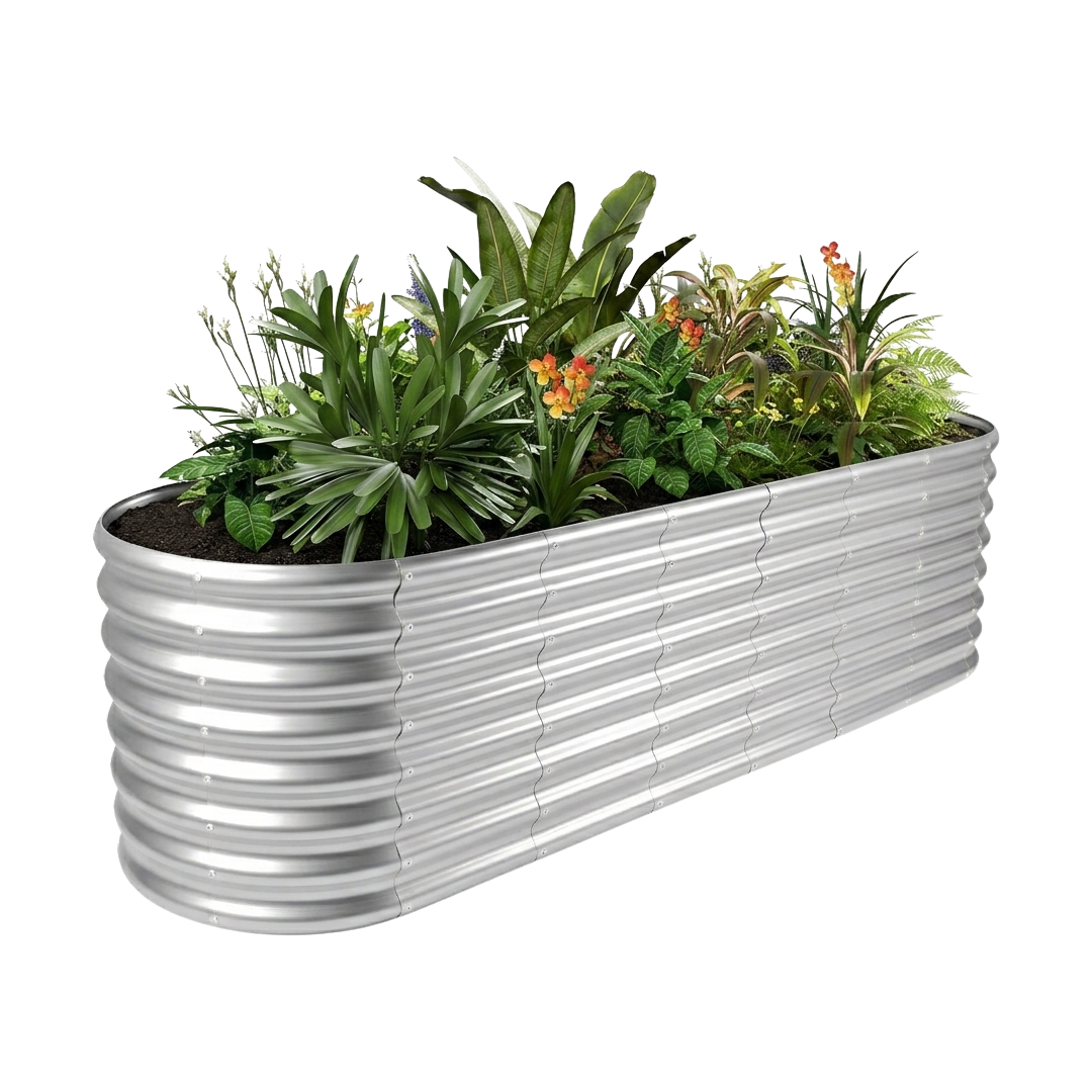 24-inch tall oval galvanized metal raised garden bed, 8 by 2 feet