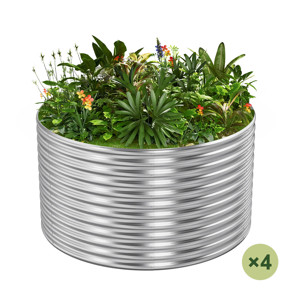 set of 4 — 36-inch tall round galvanized metal raised garden bed, 4 feet in diameter