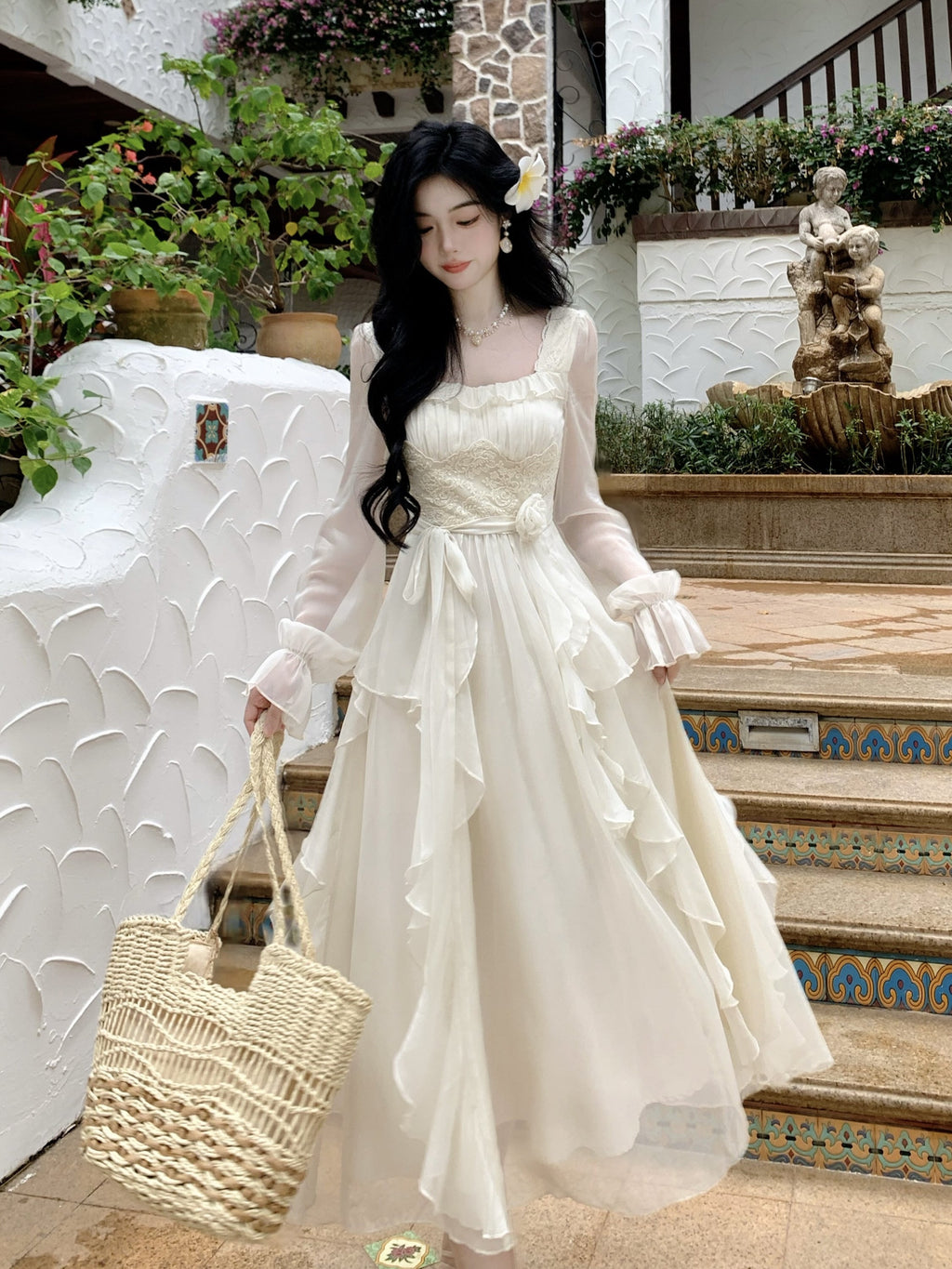 Vintage Ivory Chiffon Ruffle Dress