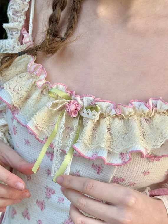 Vintage Rosebud Lace-Trimmed Knit Dress