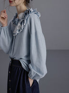 Blue Ruffled Linen-Blend Blouse
