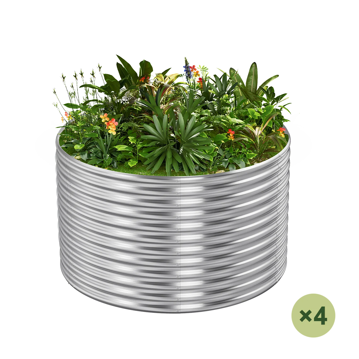set of 4 — 36-inch tall round galvanized metal raised garden bed, 3 feet in diameter