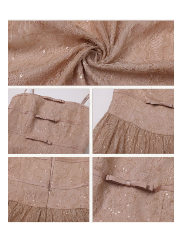 Champagne Lace Bow Evening Dress