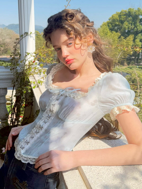 Whimsical Floral Lace-Up Corset Top