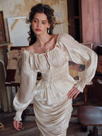 Pearl Ribbon Shirred Ivory Blouse