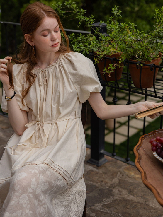 Ivory Cottagecore Lace Trim Dress