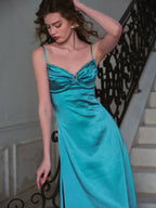 Turquoise Moonlit Satin Jewel Dress