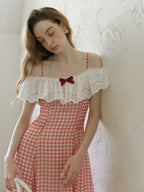 Red Gingham Off-Shoulder Frill Dress