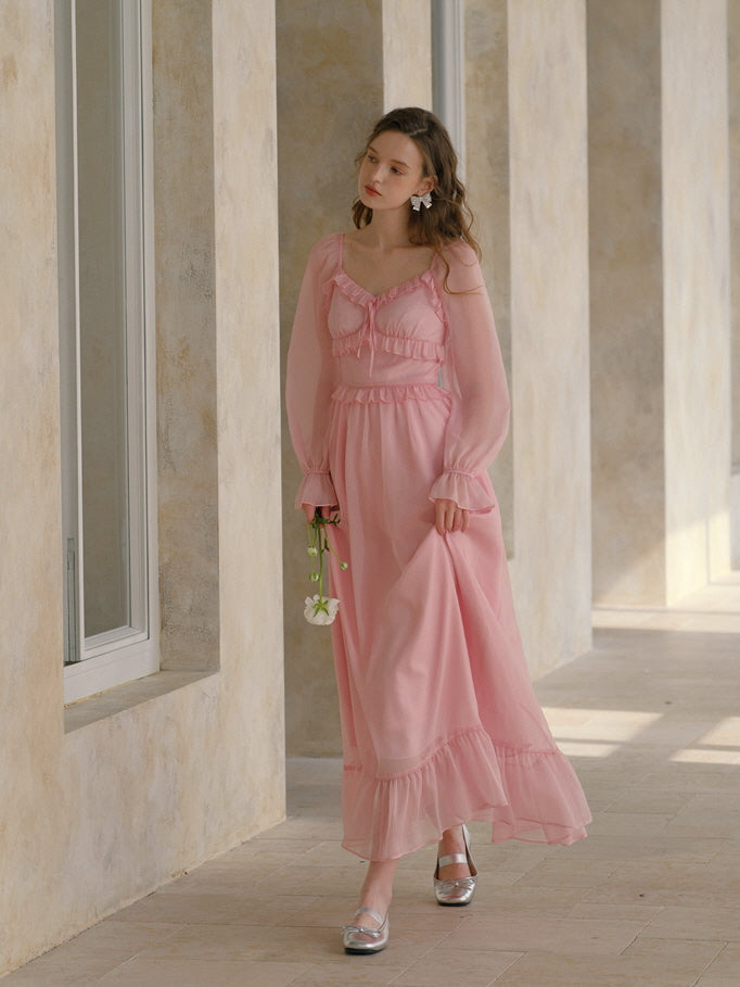 Blush Petal Frill Chiffon Dress