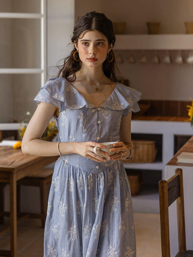Cottagecore Floral Blue Garden Stripe Dress