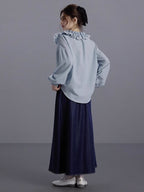 Blue Ruffled Linen-Blend Blouse