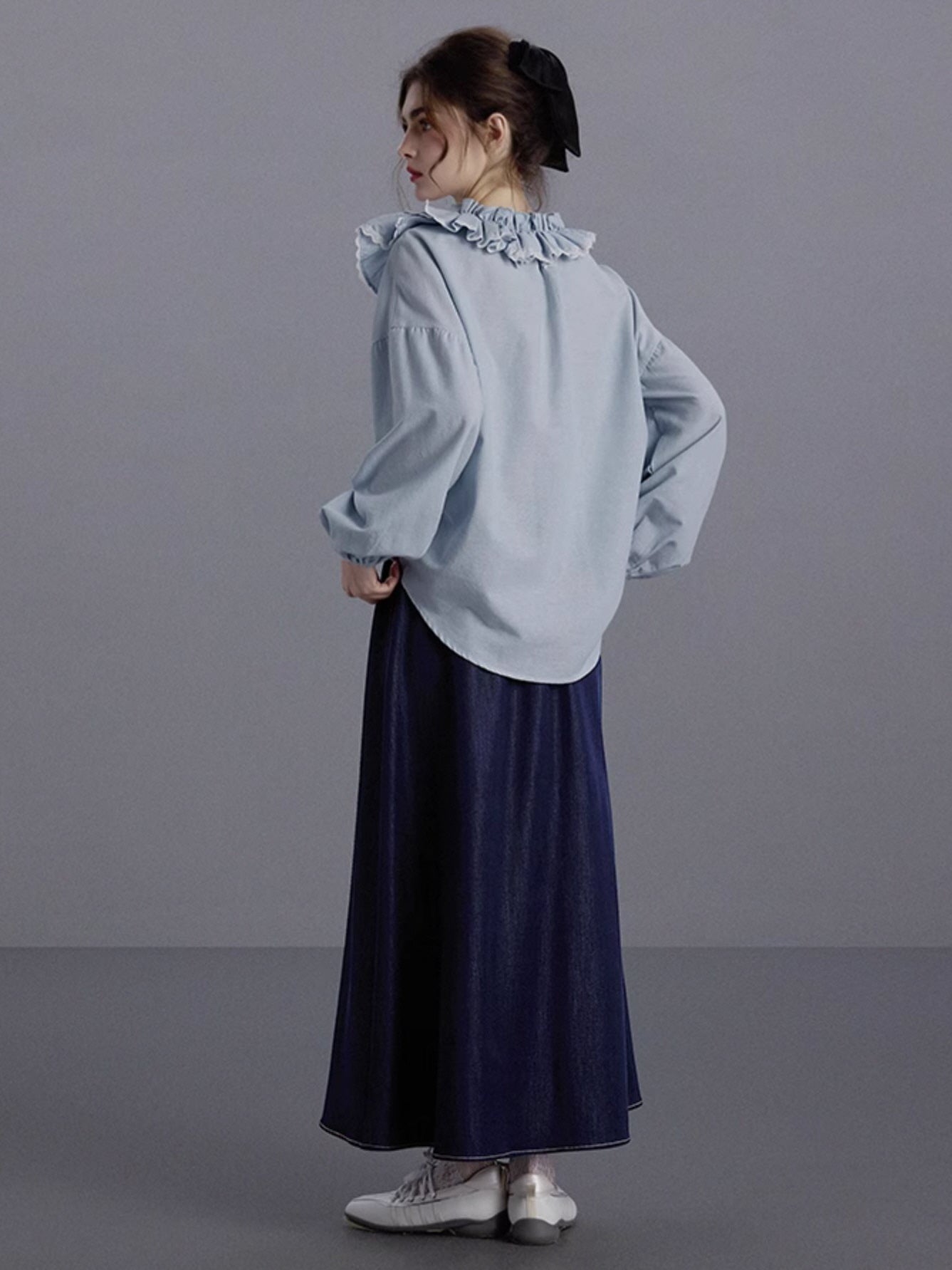 Blue Ruffled Linen-Blend Blouse