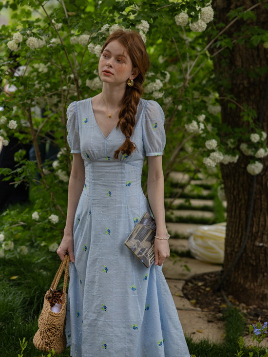 Dreamy Blue Blossom Embroidered Dress