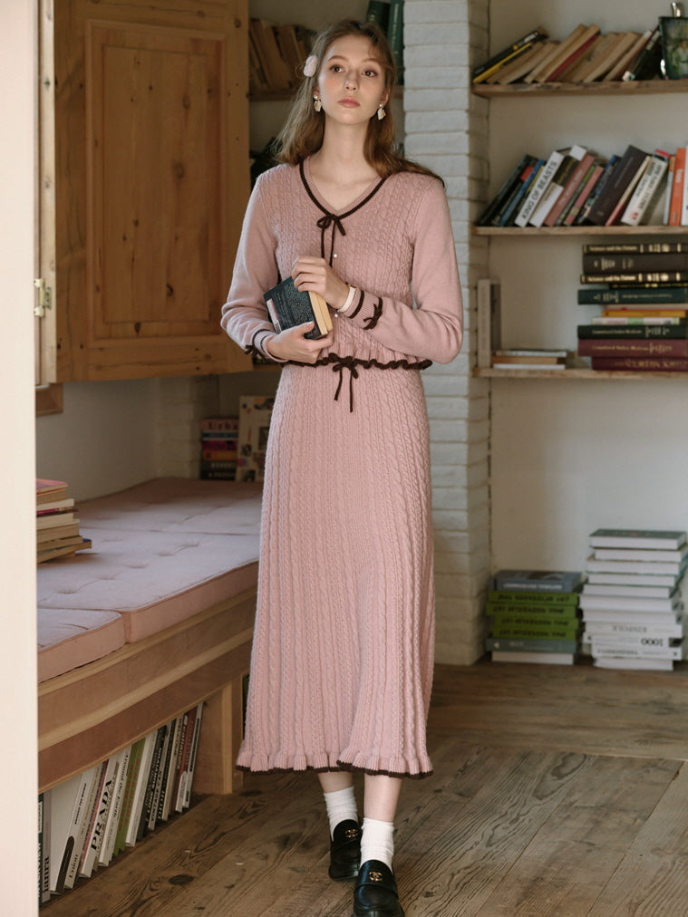 Ribbon Trim Ruffle Knit Cardigan