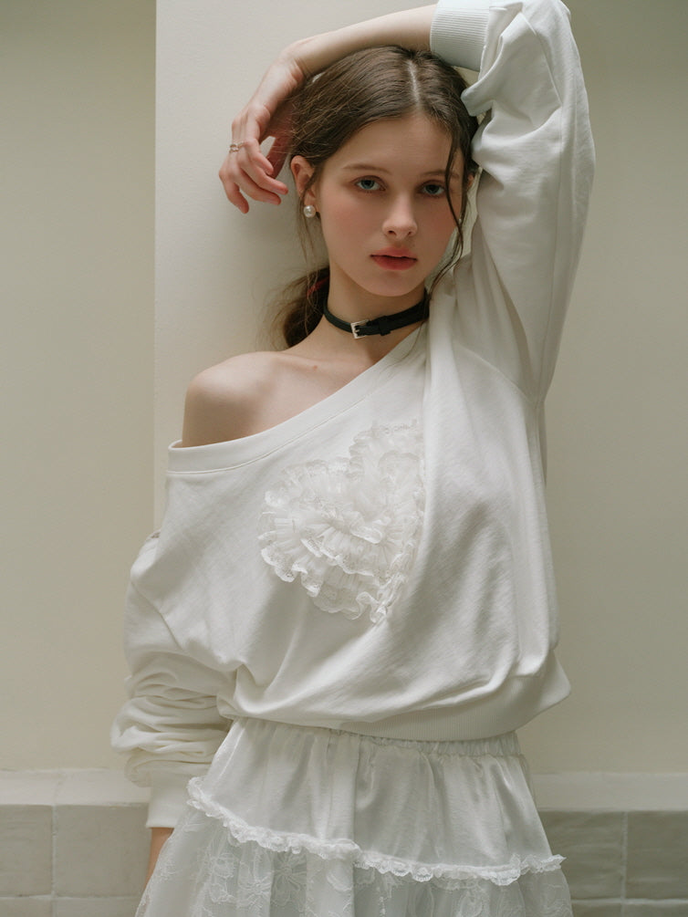 Coquette Lace Heart Off-Shoulder Sweatshirt