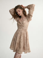 Vintage Botanical Puff-Sleeve Dress