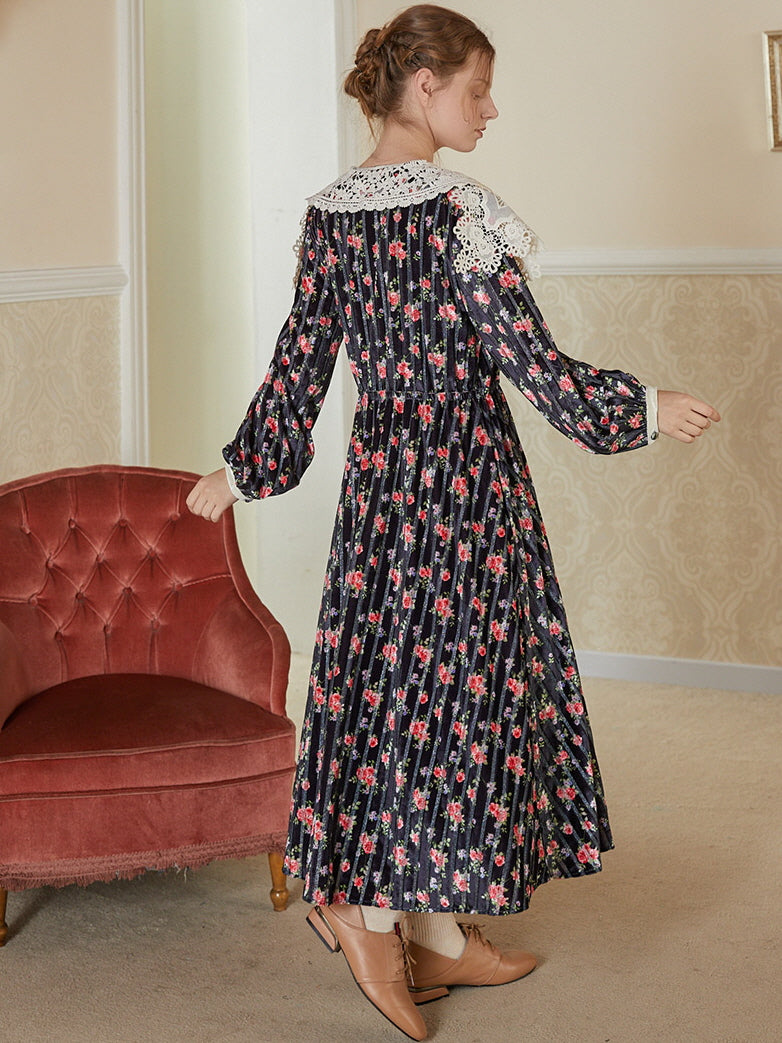Velvet Rose Lace Collar Cottagecore Dress