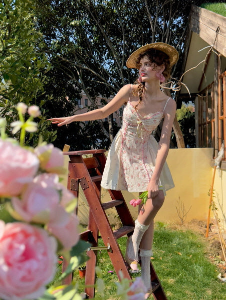 Coquette Blush Floral Lace Bow Dress