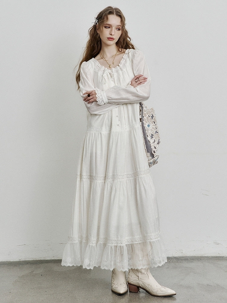Ethereal Lace Trim Tiered Long Dress