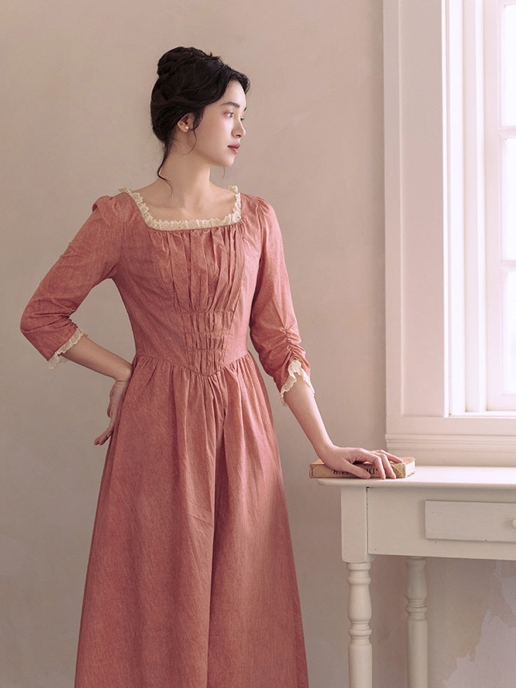 Retro Lace-Trimmed Cotton Dress