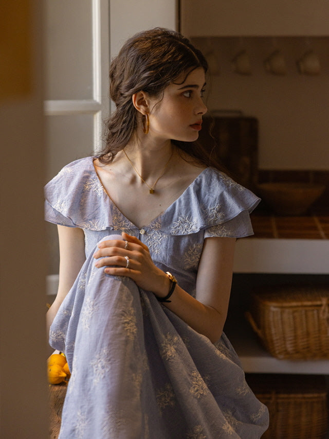 Cottagecore Floral Blue Garden Stripe Dress
