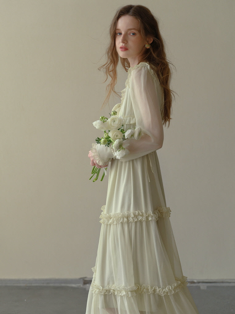 Soft Cream Ruffle Tiered Sheer Dress