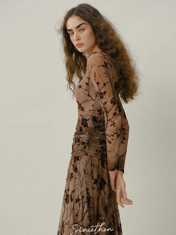 Brown Bloom Vintage Mesh Dress