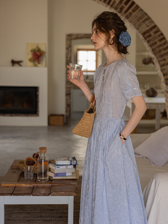 Soft Blue Eyelet Lace Cottagecore Dress