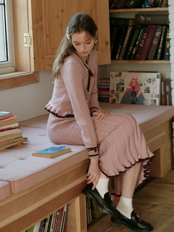 Ribbon Trim Pink Cable Knit Skirt