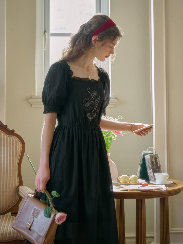 Noir Rose Embroidered Vintage Black Dress