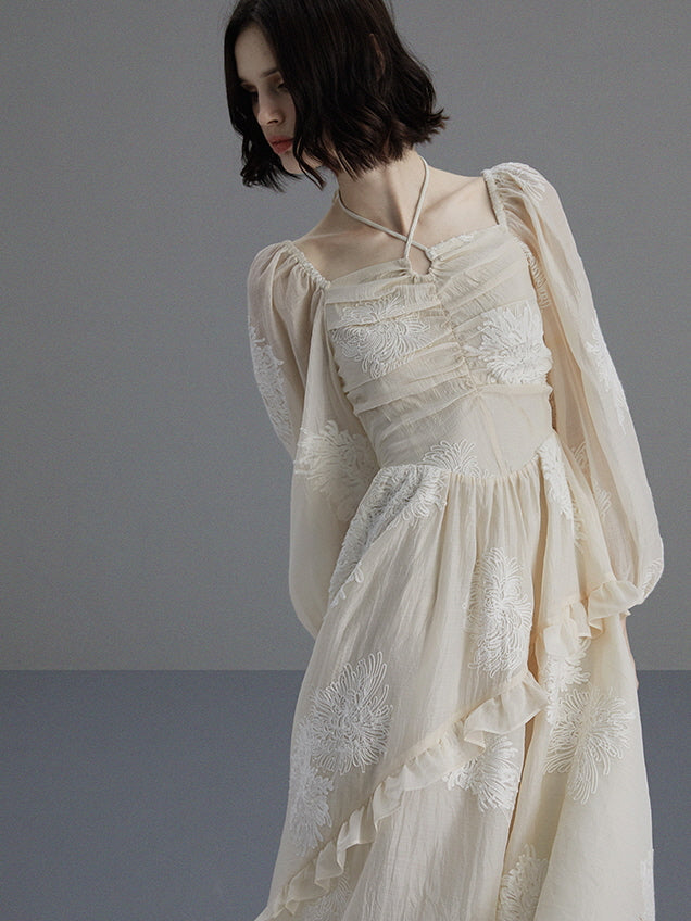 Vintage Embroidered Puff Sleeve Dress
