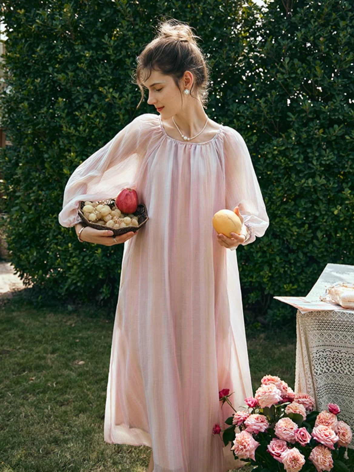 Ethereal Blush Striped Chiffon Dress